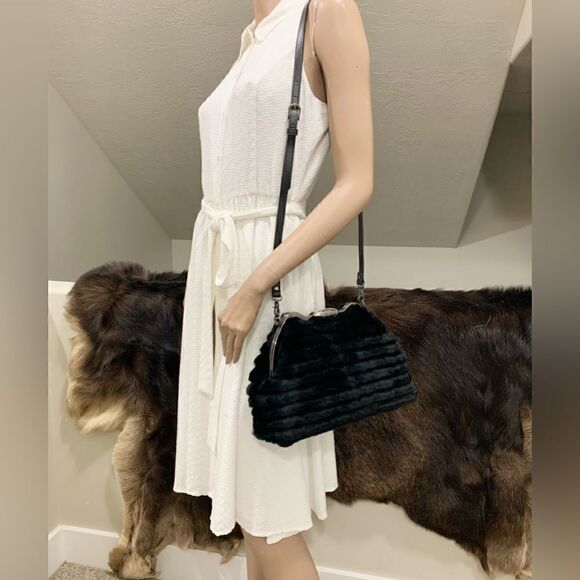 Handmade Real Rex Rabbit Fur Embossed Push Lock Handbag With 3 Strap Styles - Picture 11 of 17